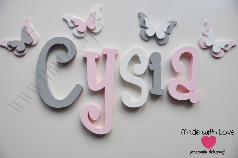 Literki imię dziecka na ścianę do pokoju - 3d 25 cm - wzór MWL37 cysia marcysia marcelina szary różowy pastele