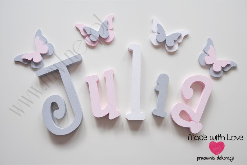 Literki imię dziecka na ścianę do pokoju - 3d 25 cm - wzór MWL37 julia julka julcia szary różowy pastele